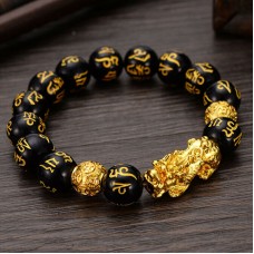 Feng Shui Obsidian Stone Beads Bracelet Men Women Gold Black Pixiu