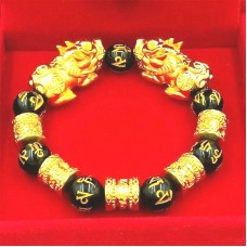 Feng Shui Obsidian Stone Beads Bracelet Men Women Unisex Gold Black Pixiu