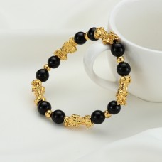 Golden Pixiu Obsidian Bracelet Feng Shui Black Bead Alloy Wealth Bracelet Charm Handmade