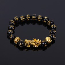 Feng Shui Black Beads Alloy Wealth Bracelet With Golden Pixiu